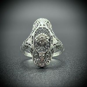 Sale! Antique Art Deco 10K White Gold 7 Genuine Diamond Cocktail Ring Size 4.75